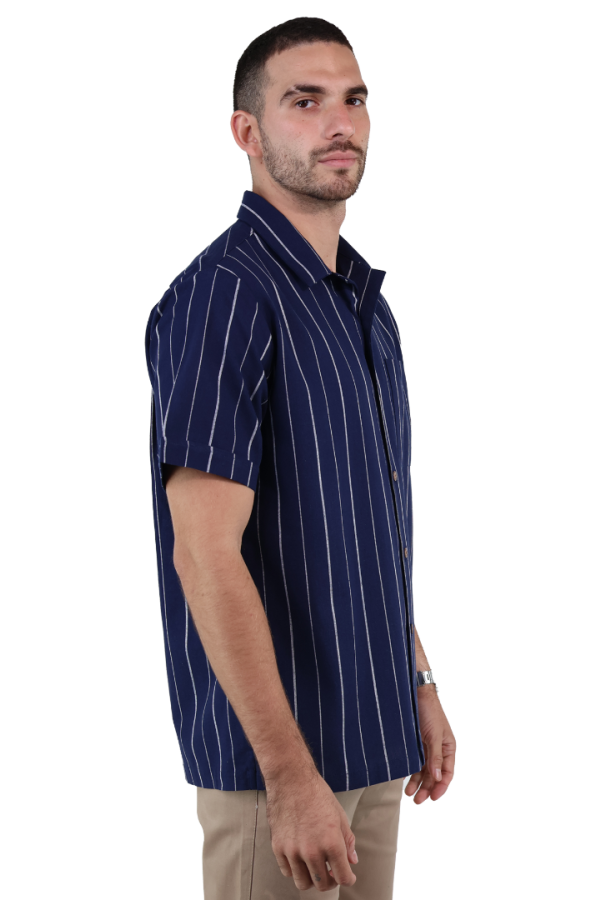 Camisa Manga Corta Resort Azul Marino Estampado Vertical De Algodón Para Hombre